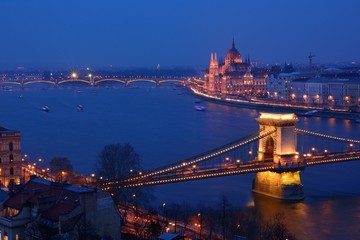 Fototapeta na wymiar Panorama of Budapest, Hungary, with the Chain Bridge and the Parliament.