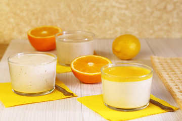 Food. Panna cotta. Milk fruit dessert made of yogurt and cream with lemon and orange.