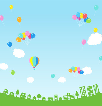高い青空に風船&気球と街並み｜背景素材