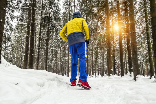 man Jogging on the trail in the  winter forest