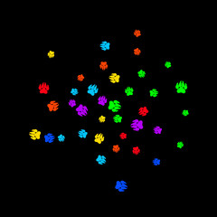 Colorful Bear Footprints. Prints of Paws with Big Claws for Petshop Design or for Goods for Pets. Simple Pattern for Print, Logo or Poster. Vector Confetti Background.