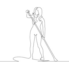 Continuous one l drawn line sup gir woman on a paddle in the sea