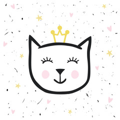 Painted cute vector cat. Creative background for design of cards, covers, textiles, paper, stickers. Children's illustrations for printing.