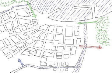 Plan einer Stadt mit Hafen am Meer und Entwicklungskonzept