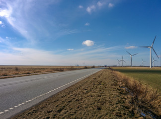 Road with wind turbines