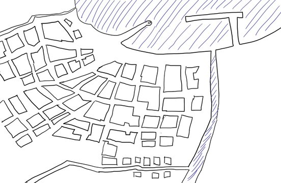 Plan einer Stadt mit Hafen am Meer und Entwicklungskonzept