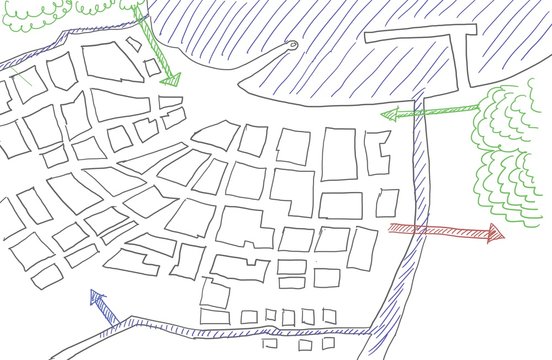 Plan einer Stadt mit Hafen am Meer und Entwicklungskonzept