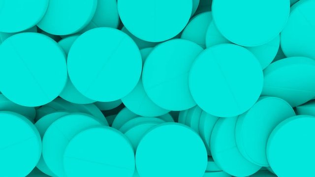 Animated a lot of round compress cyan or light blue tablet pills falling and tumbling toward camera filling up container against green background.
