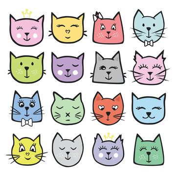 Big set of vector cute cats. A colorful collection of animals for design and printing. Funny illustrations drawn by hand.