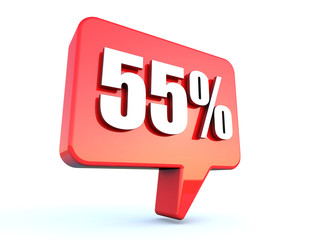 55 percent off sign on glossy red rectangle bubble on white background