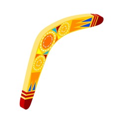 Australian wooden boomerang. Cartoon object on a white background. Vector illustration of colored isometric boomerang Tribal lizard. Stock vector
