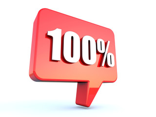 100 percent sign on glossy red rectangle bubble on white background