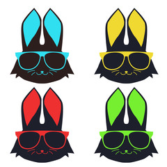 colorful bunny faces in glasses set in trendy flat style