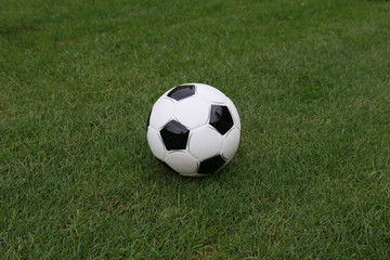 Fototapeta na wymiar Closeup view soccer ball on green field