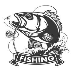 Fishing logo. Bass fish with rod club emblem. Fishing theme illustration. Isolated on white.