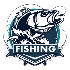 Fishing logo. Bass fish with rod club emblem. Fishing theme illustration. Isolated on white.