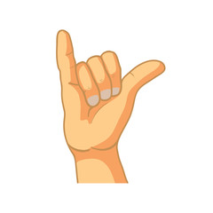 Cartoon hand in shaka gesture on white