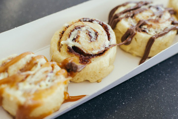 Caramel and chocolate cinnamon roll