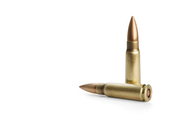 Two rifle bullets over white background, including clipping path