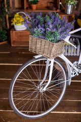 Fototapeta na wymiar beautiful basket with flowers on a bicycle in the studio. beautiful decorations
