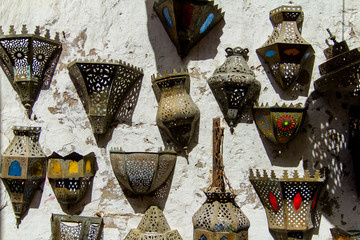 Items of colorful iron lamps for sale in  souq, Morocco