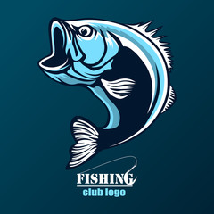 Fishing logo. Bass fish with rod club emblem. Fishing theme vector illustration. Isolated on white.