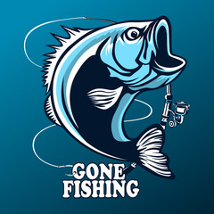 Fishing logo. Bass fish with rod club emblem. Fishing theme vector illustration. Isolated on white.