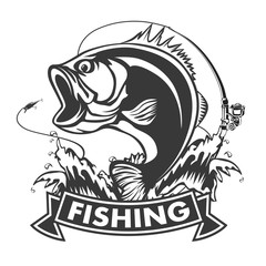 Fishing logo. Bass fish with rod club emblem. Fishing theme vector illustration. Isolated on white.