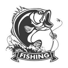 Fishing logo. Bass fish with rod club emblem. Fishing theme vector illustration. Isolated on white.