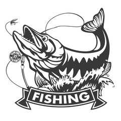 Naklejka premium Vector illustration of jumping pike isolated. Vintage fishing emblem.