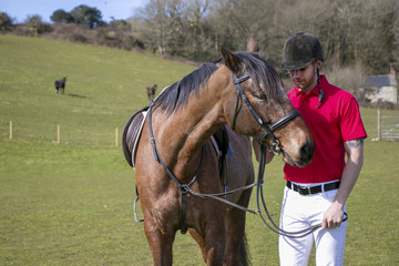 Rider on Horseback in field, wearing red polo shirt, white trousers,  black boots with horses in the background