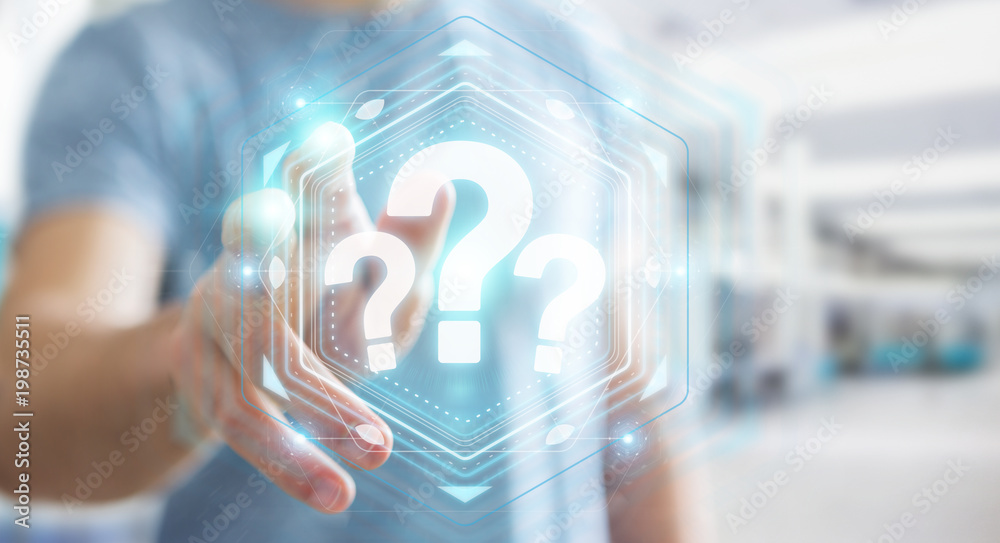 Aufkleber Businessman using question marks digital interface 3D rendering