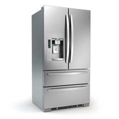 Fridge freezer. Side by side stainless steel srefrigerator  with ice and water system isolated on white background.