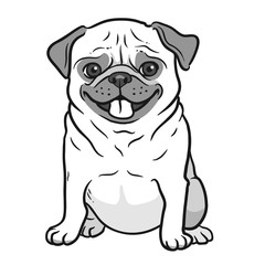 Pug dog black and white hand drawn cartoon portrait. Funny happy smiling pug, sitting and looking forward. Dogs, pets themed design element, icon, logo.