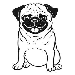 Pug dog black and white hand drawn cartoon portrait. Funny happy smiling pug, sitting and looking forward. Dogs, pets themed design element, icon, logo.