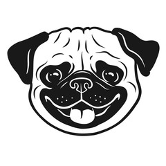Pug dog black and white hand drawn cartoon portrait. Funny happy smiling pug face. Dogs, pets themed design element, icon, logo.