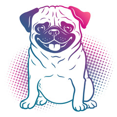 Fototapeta premium Pug dog pop art style illustration in bright neon rainbow colors, with halftone dot background, isolated on white. Dogs, pets, animal lovers theme design element.