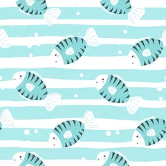 Printed roller blinds Sea waves Cute hand drawn fish under water. vector pattern