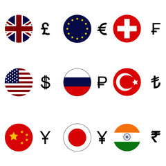 Currency symbols and flags. Vector