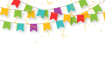 Carnival garland with flags, confetti and ribbons. Decorative colorful party pennants for birthday celebration