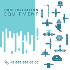 Drip irrigation. Vector background with line icons of equipment for irrigation system in the garden area.	