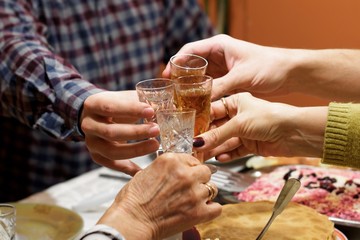 A family cheering with glasses of various alcohol close up