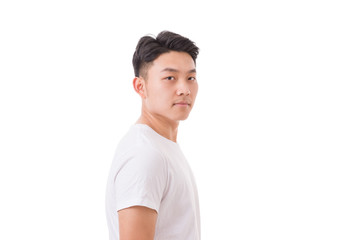 Side view of  young man with white background.