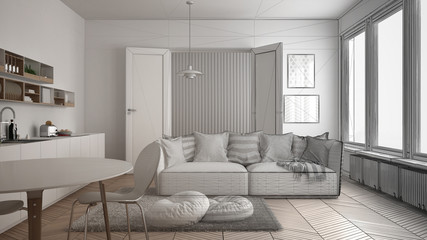 Unfinished project of scandinavian modern living room with kitchen, dining table, sofa and rug with pillows, minimalist white architecture interior design