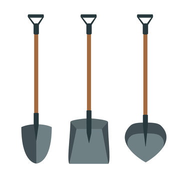 Vector set of three different spades. round, square, shovel pit pan on a long wooden handle with metal grip. vector illustration with isolated objects on white background
