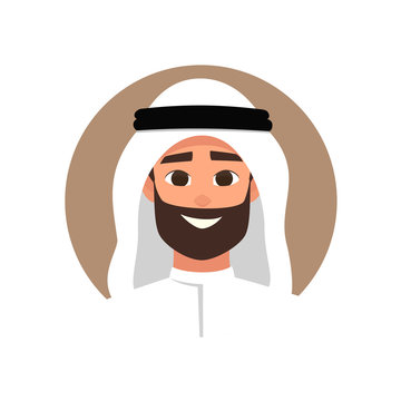 Cartoon Arab Man Avatars Happy Emotion. Smiling Face Of A Successful Young Arabic Man Flat Style Vector Illustration Of Isolated Layers On A White Background