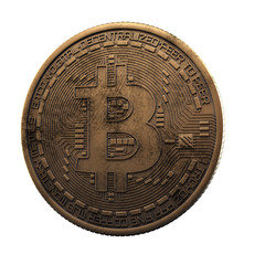 Bitcoin. Cripto bit coin. Digital currency. Cryptocurrency. Golden physical coin with bitcoin symbol isolated on white background