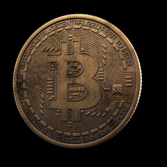 Bitcoin. Cripto bit coin. Digital currency. Cryptocurrency. Golden physical coin with bitcoin symbol isolated on black background