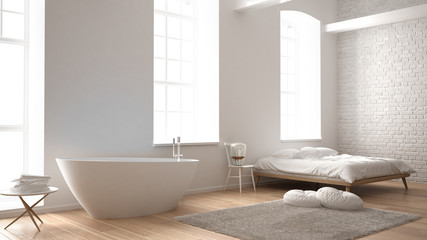 Fototapeta na wymiar Classic industrial modern bedroom with big windows, brick wall, parquet floor and bathtub, white architecture interior design