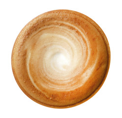 Top view of hot coffee latte cappuccino spiral foam isolated on white background, clipping path included